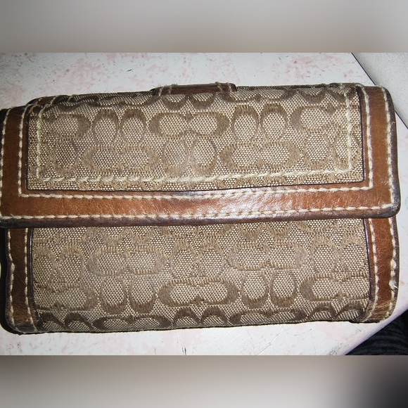 Coach Signature Jacquard Khaki Mini Leather Wallet - Picture 6 of 10